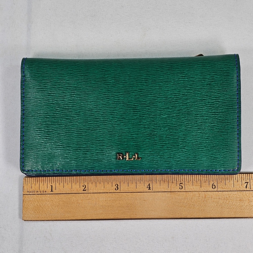 Lauren Ralph Lauren Green Textured Leather Slim Bifold Wallet Blue Stitching - Picture 5 of 10